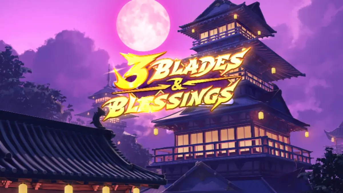 Tampilan visual slot 3 Blades & Blessings dengan tema ninja dan latar belakang Jepang kuno.